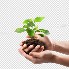 Photo of human hands holding a small plant with a white background