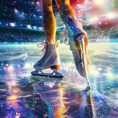 A skating rink illuminated with bright colorful lights and stage reflections. Ice Rink Background.