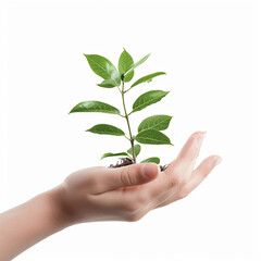 Photo of human hands holding a small plant with a white background
