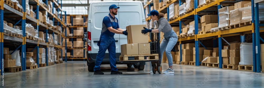 Poster an industrial scene showing warehouse workers unloading boxes from a van using a pallet truck, symbo