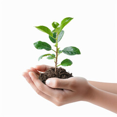 Photo of human hands holding a small plant with a white background