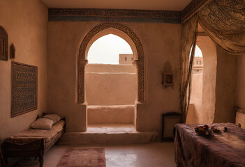 Interior of an old traditional Arabic house under strong sunlight with shades of wooden gutters, carved wooden doors and window grilles for ventilation.