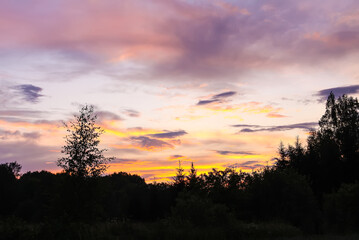 Sunset sky. Tranquil landscape in countryside.