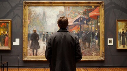 Naklejka premium Woman admiring a painting of a city street in a museum