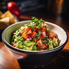 Fresh guacamole topped with diced tomatoes, onions, and cilantro in a black bowl, perfect for a delicious appetizer or snack.