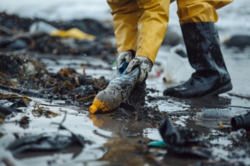 A volunteer collects garbage on a muddy beach. Close-up. The concept of Earth Day. Bottom view