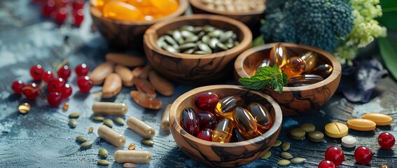 Fototapeta premium Never before seen photo of various multivitamins, fish oil and plant-based natural supplements in wooden bowls on a rustic table with scattered berries, vegetables, seeds and herbs. A low angle view w
