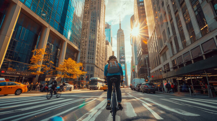 A cyclist rides through a bustling city street surrounded by tall skyscrapers, with sunlight illuminating the urban landscape.