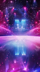 A skating rink illuminated with bright colorful lights and stage reflections. Ice Rink Background. Copy space. Winter poster for hockey competitions. Ice skating. Stadium.