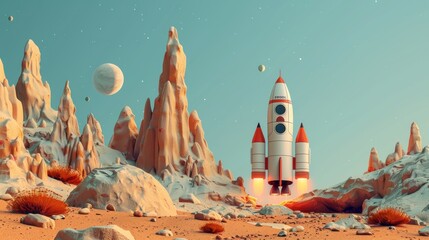 Cartoon rocket launch on Mars Isolated