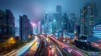 Fototapeta premium Nighttime cityscape featuring illuminated skyscrapers and vibrant light trails of moving traffic, showcasing urban life and energy.
