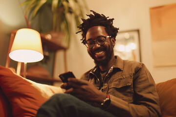 black man at home using computer and smiling at camera - Powered by Adobe