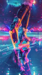 A skating rink illuminated with bright colorful lights and stage reflections. Ice Rink Background. Copy space. Winter poster for hockey competitions. Ice skating. Stadium.