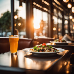 Cozy restaurant with pasta and orange juice