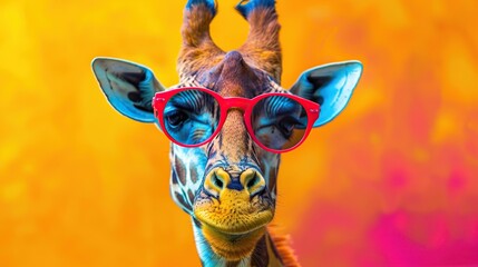 Portrait of a Giraffe in a bright coloring glasses . Generative Ai