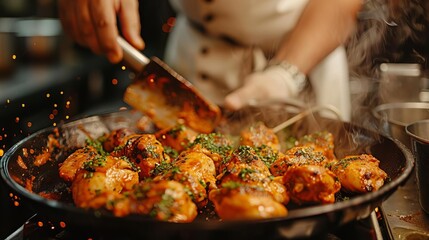 A chef marinating chicken with yogurt and spices for tandoori chicken