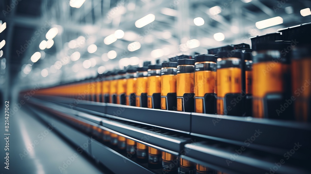 Poster industrial production line with rows of orange bottles in a modern factory setting, showcasing manuf