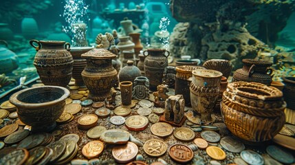 A collection of ancient coins and pottery fragments displayed underwater