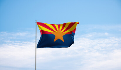 Flag Arizona against cloudy sky. Country, nation, union, banner, government, Arizona culture, politics, United States, tourism. 3D illustration