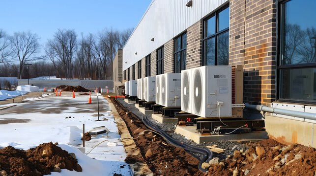 Des unit&eacute;s de climatisation install&eacute;es &agrave; l'ext&eacute;rieur d'un b&acirc;timent en cours de construction.