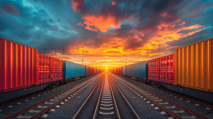 Fototapeta premium freight train with colorful cargo containers at sunset