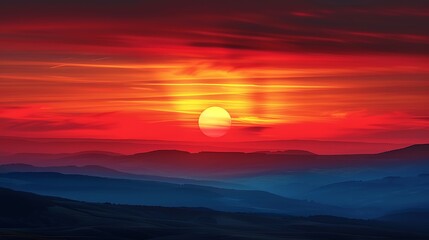 Fototapeta premium Fiery Red Sunset Silhouetting Landscape - Warmth and Vibrant Hues in Dramatic Evening Sky Overlay
