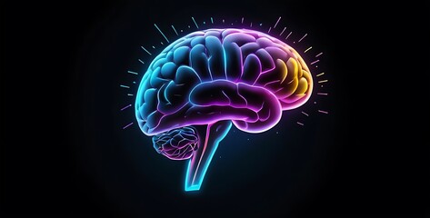 isolated on dark gradient background with copy space, neon human brain concept, illustration