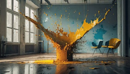 splashes of colorful vibrant paint liquid water in the air; interior design; home apartment condo
