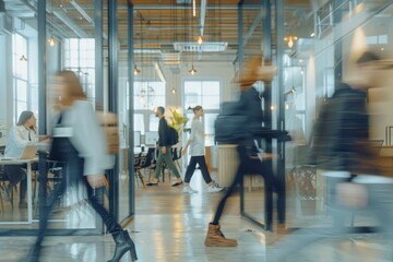 Businesspeople walking at modern office. Group of business employees at coworking center. Motion...