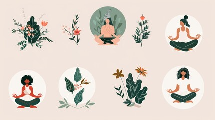 Naklejka premium Yoga meditation women with floral elements for spiritual wellbeing designs
