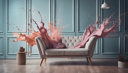 splashes of colorful vibrant paint liquid water in the air; interior design; home apartment condo
