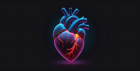 isolated on dark gardient background with copy space, neon human heart concept, illustration.
