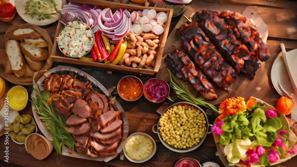 Poster a table displaying a wide array of different types of food, including bbq spread with various fixing