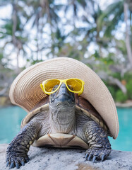 a funny turtle in yellow sunglasses and  a straw hat enjoy the summer near the swimming pool in holiday resort.  Summer and funny animals concept	