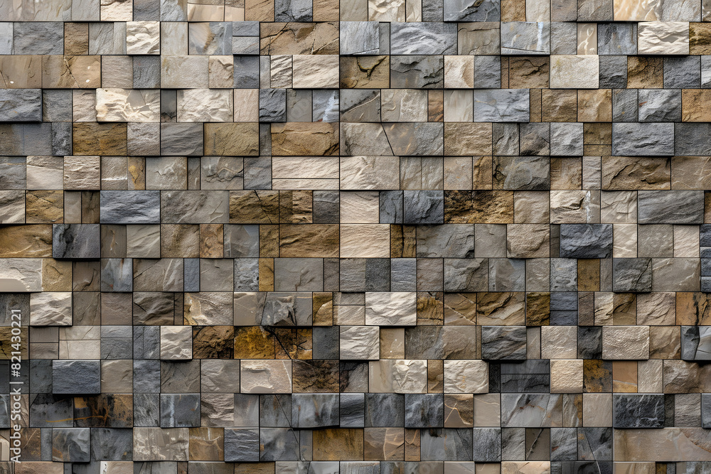 Poster textured, natural stone mosaic tiles arranged in the shape of a wall. semigloss, 3d, blocks stacked 