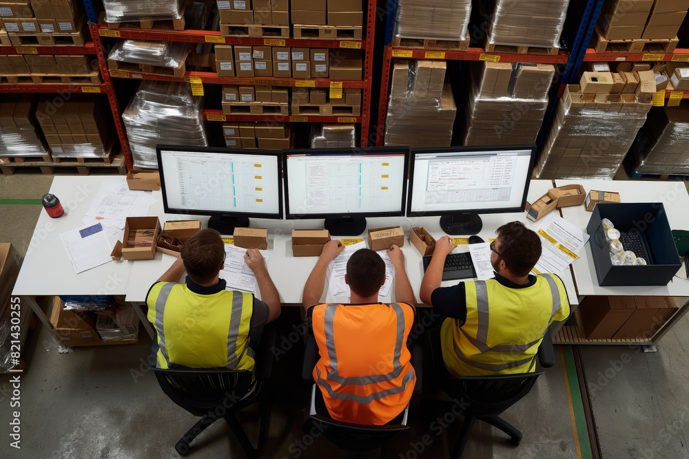 Aufkleber Warehouse workers utilize technology for efficient inventory management and operational optimization. Collaboration, industrial environment, electronics, and communication play a crucial role