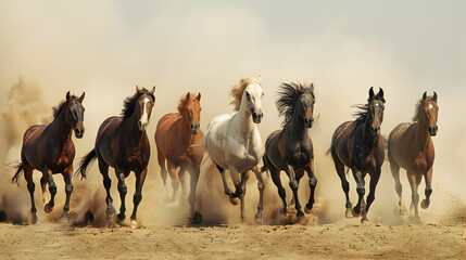 Herd of horses run forward on the sand in the dust on the sky background