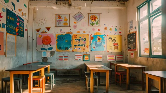 A classroom filled with numerous desks and colorful pictures hung on the walls, A classroom decorated with motivational posters and plants