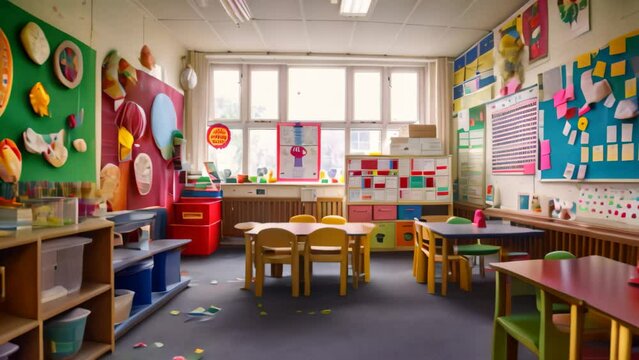 A classroom with numerous desks and chairs arranged neatly, adorned with motivational posters on the walls, A classroom decorated with motivational posters and plants