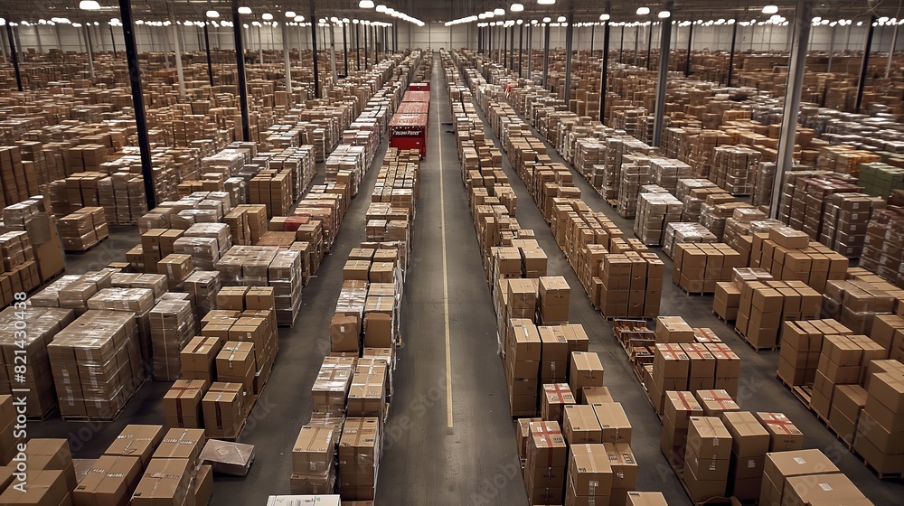 Aufkleber a distribution center interior features large warehouse space with rows of boxes and packages. this 