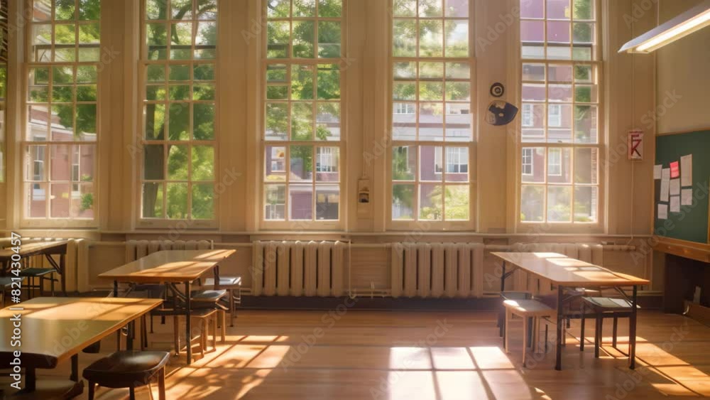 Poster a room filled with multiple tables and chairs, with natural light streaming through the windows, a c