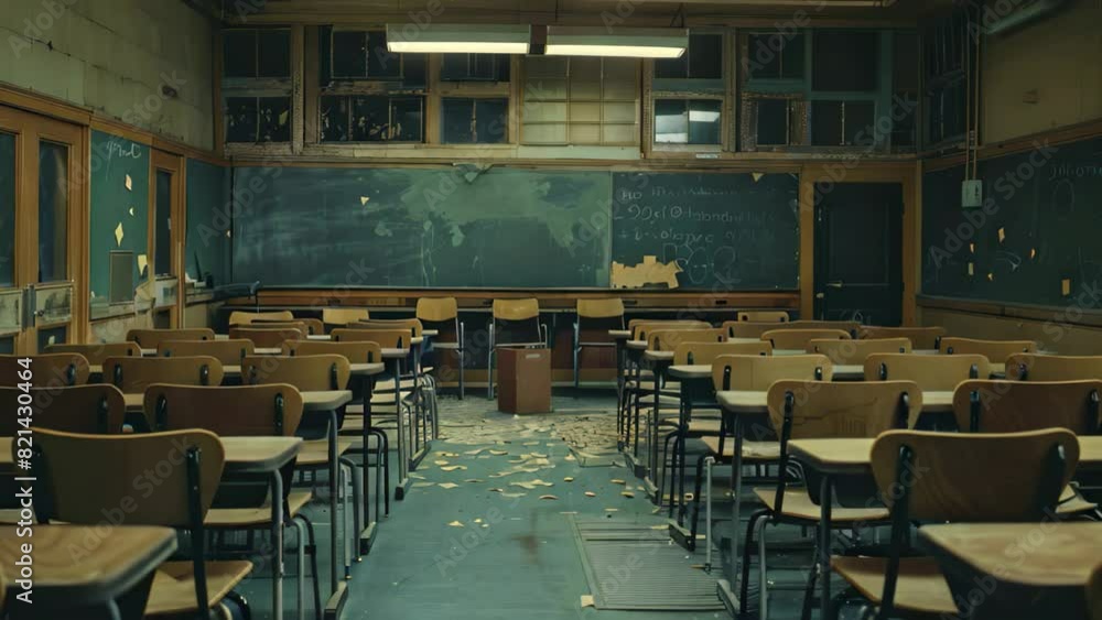Poster a classroom with numerous desks and chairs neatly arranged in rows, awaiting students, a classroom f