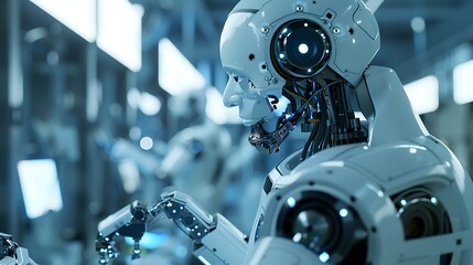 Fototapeta premium Advanced Robotics Lab: Engineers Developing Futuristic Robots in High-Tech Research Facility