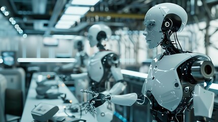 Cutting-Edge Robotics Lab: Engineers Working on Futuristic Advanced Robots in High-Tech Research Facility Close-Up Focus on Development and Manipulation