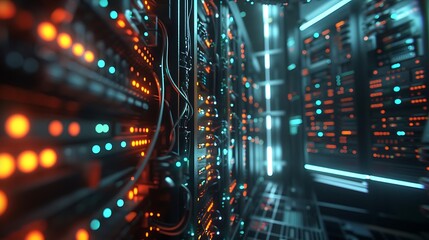 Futuristic AI Server Room with Glowing Data Servers and Intricate Wiring, Surreal High-Tech Facility Backdrop