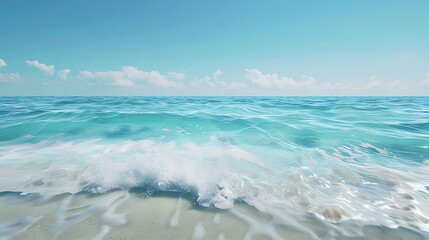 Serene Blue Ocean Horizon: Tranquil Water with Gentle Waves, Ethereal Coastal Overlay and Peaceful Seaside Backdrop