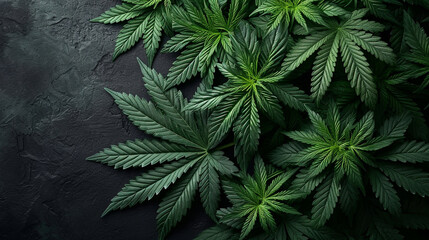 Green leaves of technical hemp lie on a black modern background. Green background of leaves. Close-up young hemp. Green cannabis leaves, marijuana leaves. Medicinal indica with CBD.