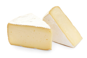 Pieces of tasty camembert cheese isolated on white