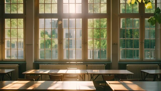 Natural light from the sun shines through the windows of a classroom, illuminating the room, A classroom filled with natural light streaming through windows