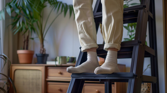 Une personne debout sur un marche pied en chaussettes dans un int&eacute;rieur.